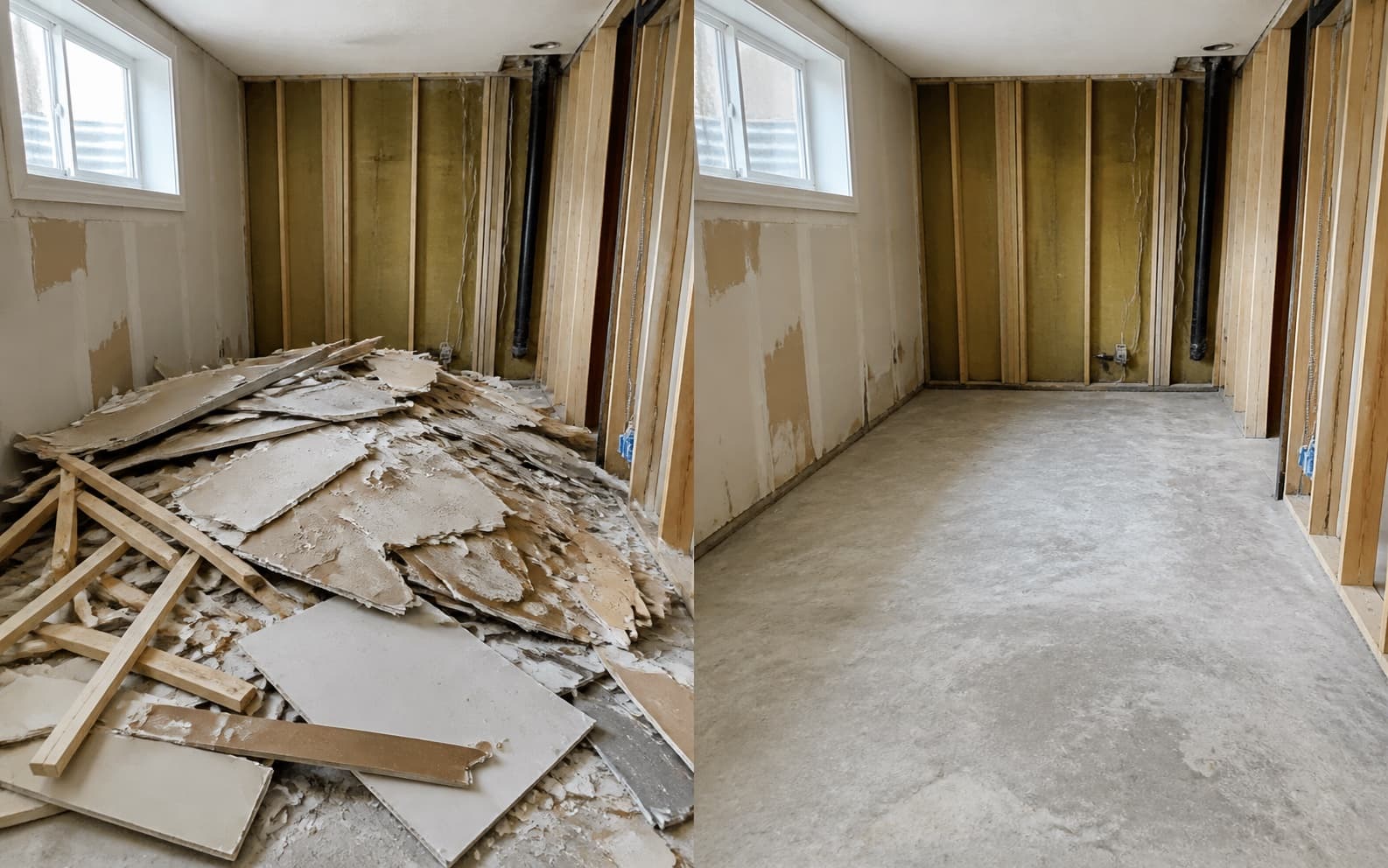 Avant et après le retrait de débris de démolition dans une pièce en rénovation
