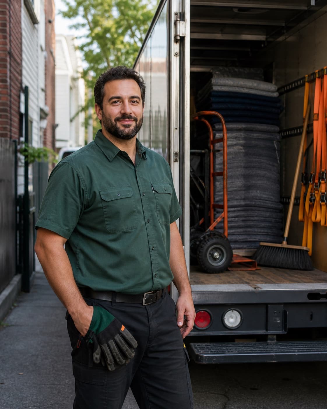 Professionnel du débarras avec son équipement de transport