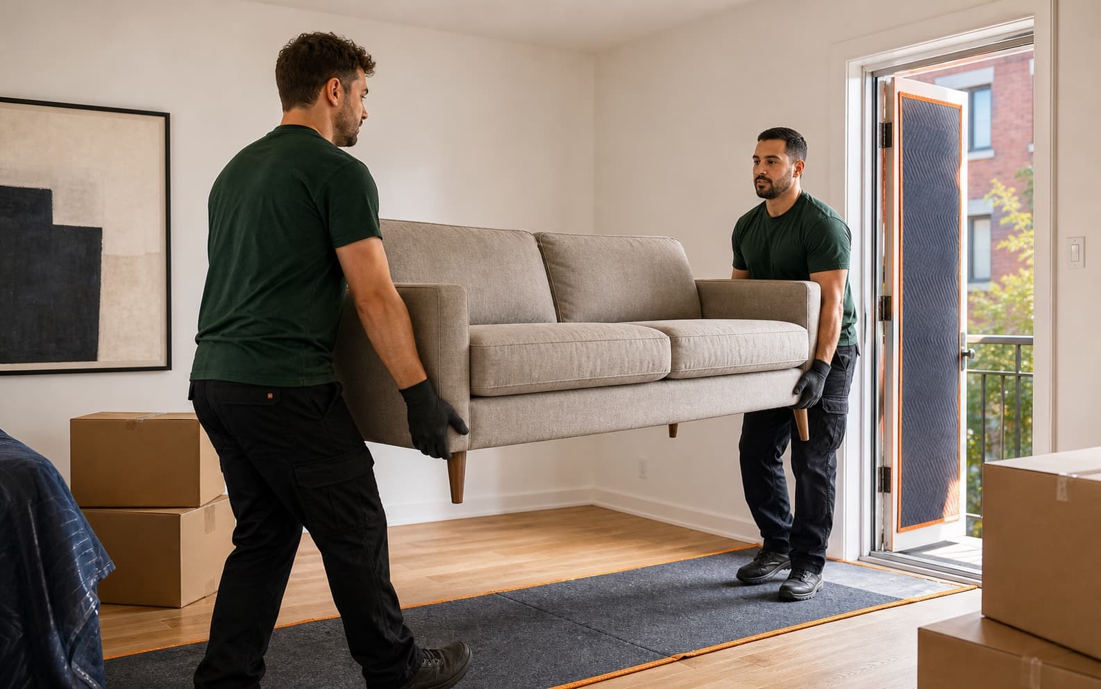 Équipe transportant un sofa hors d'un appartement