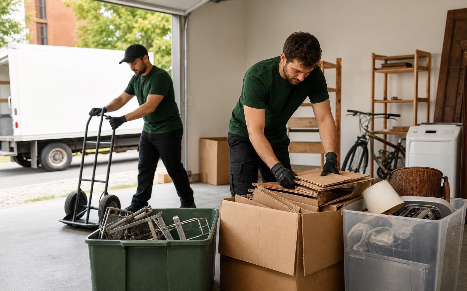 Tri d'électroménagers et de matières recyclables dans un garage