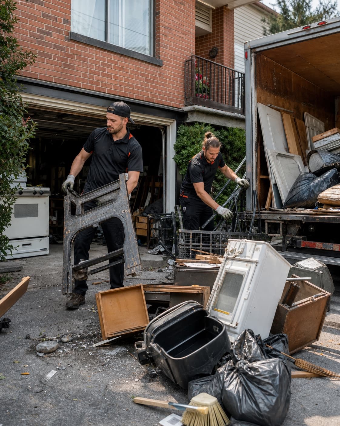 Deux membres de l’équipe Débarras-O triant des meubles, électroménagers et débris pendant un débarras